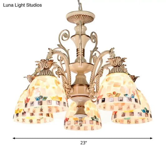 Three to Five Light Tiffany Style Chandelier with warm amber glass shades and bronze scrollwork on Tampa Home & Garden Store