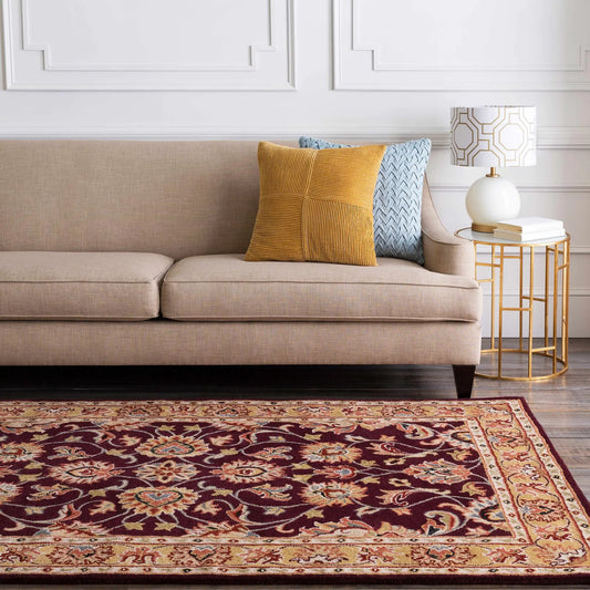 Cherryfield Burgundy 1024 Wool Area Rug by Boutique Rugs, burgundy wool rug in living room on Tampa Home & Garden Store