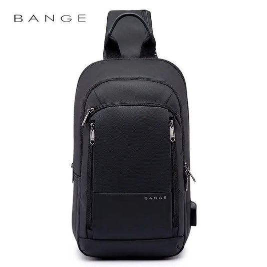 Chest bag messenger, waterproof men's charging, black with front zip pockets, top handle, BANGE on Tampa Home & Garden Store