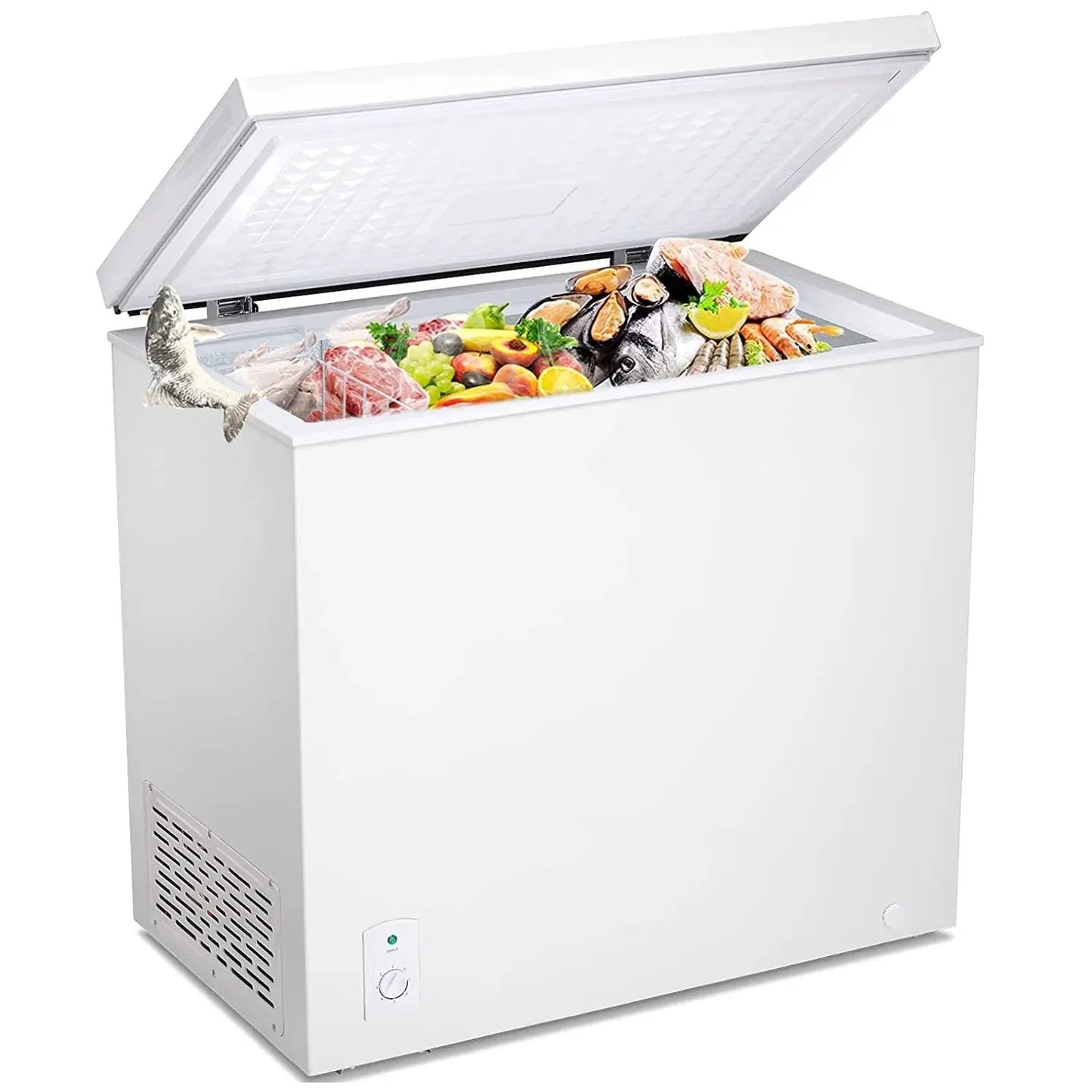 Kismile compact chest freezer white with lid open, large capacity; frozen fish, meat and produce on Tampa Home & Garden Store