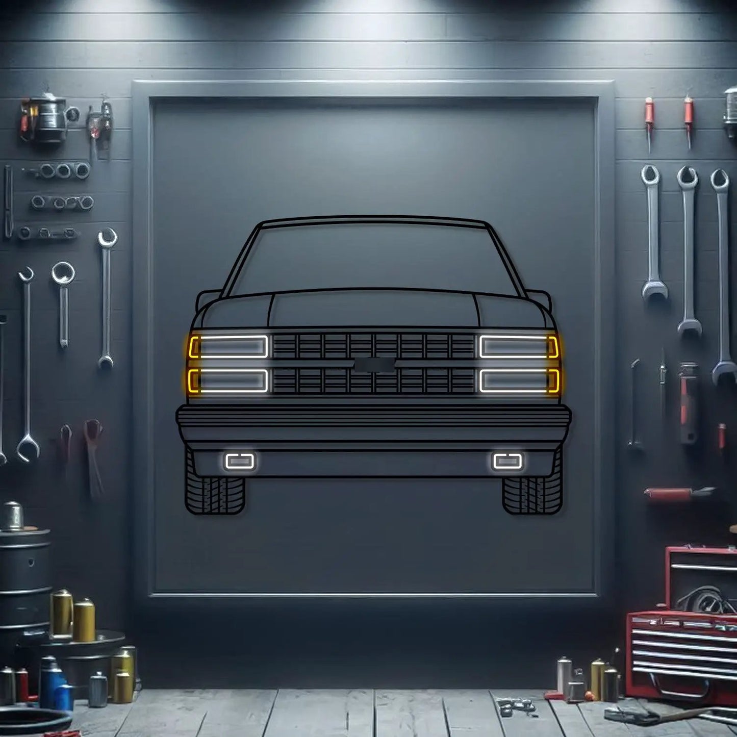 1989 Chevrolet 454 SS metal neon wall art front-view truck outline with white/orange neon lights on Tampa Home & Garden Store