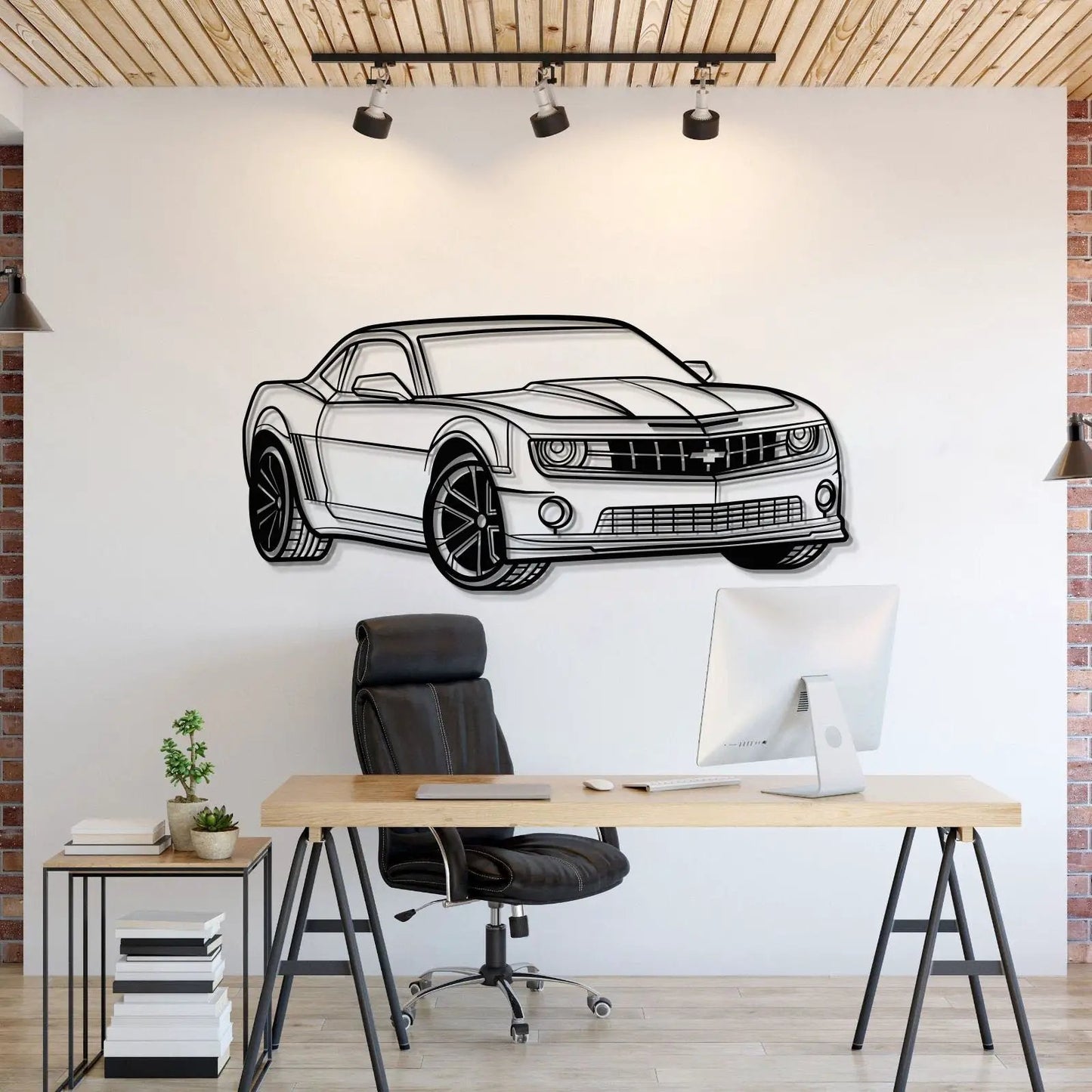 Camaro SS Perspective metal wall art by Modello Turbo, bold black line drawing of a coupe on Tampa Home & Garden Store