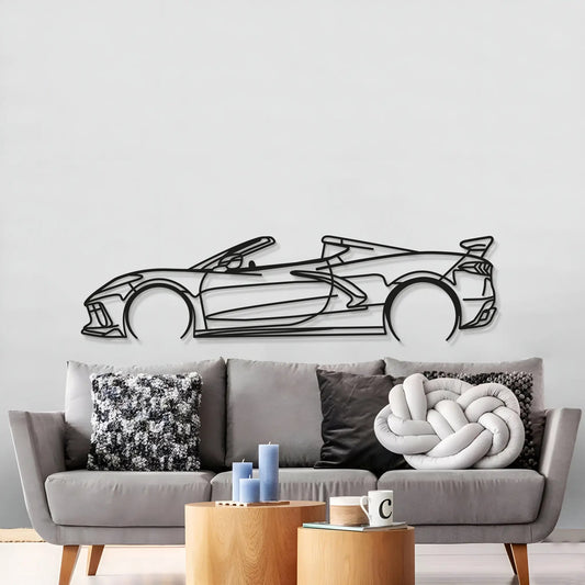 Corvette C8 detailed metal car wall art in black line-art style on a white wall on Tampa Home & Garden Store