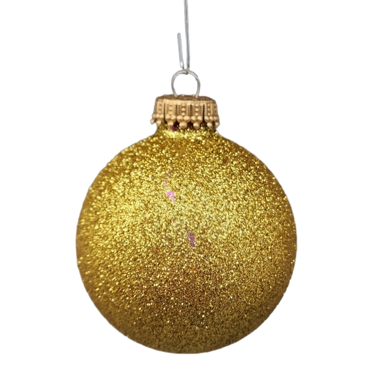 Glass Christmas ornament ball with gold glitter finish, beaded cap and hanging loop on Tampa Home & Garden Store