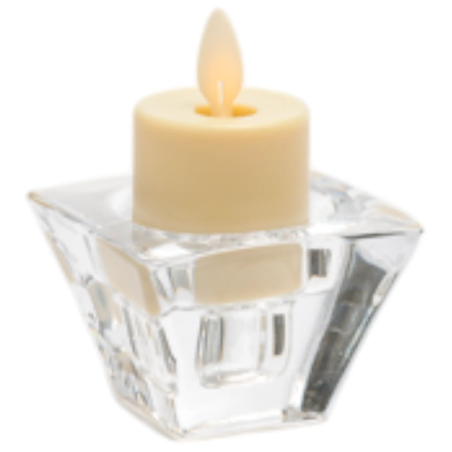 Crystal Clear Candle Duo Holder for Tapers with ivory candle atop a faceted glass base on Tampa Home & Garden Store