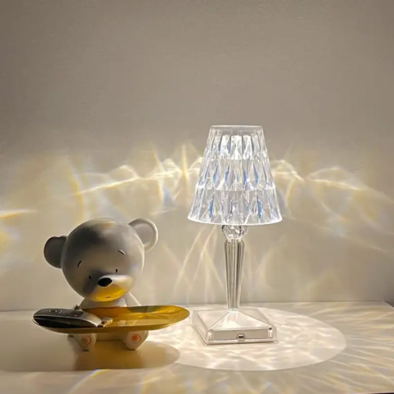 Crystal table lamp for nightstand with faceted glass shade and clear acrylic base on Tampa Home & Garden Store