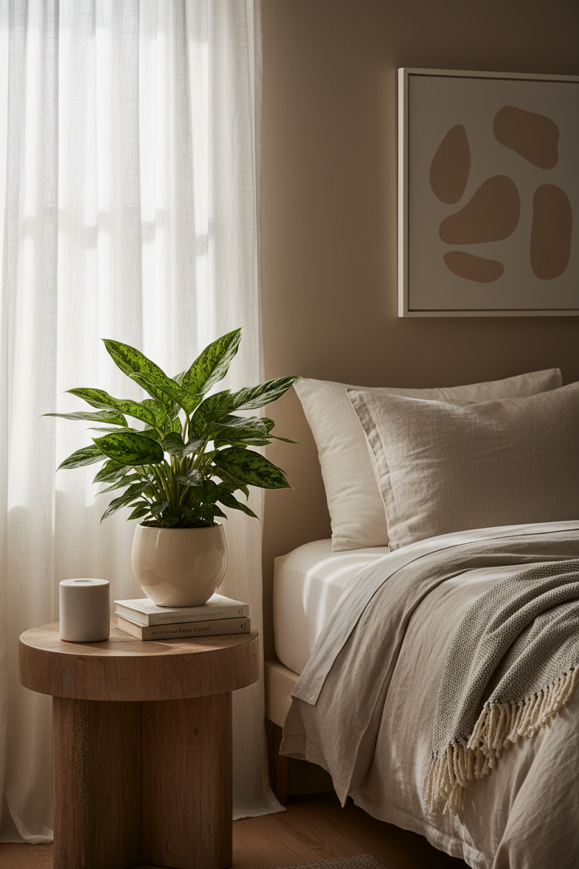 Chinese Evergreen Maria indoor plant in white ceramic pot with green leaves on wood table on Tampa Home & Garden Store