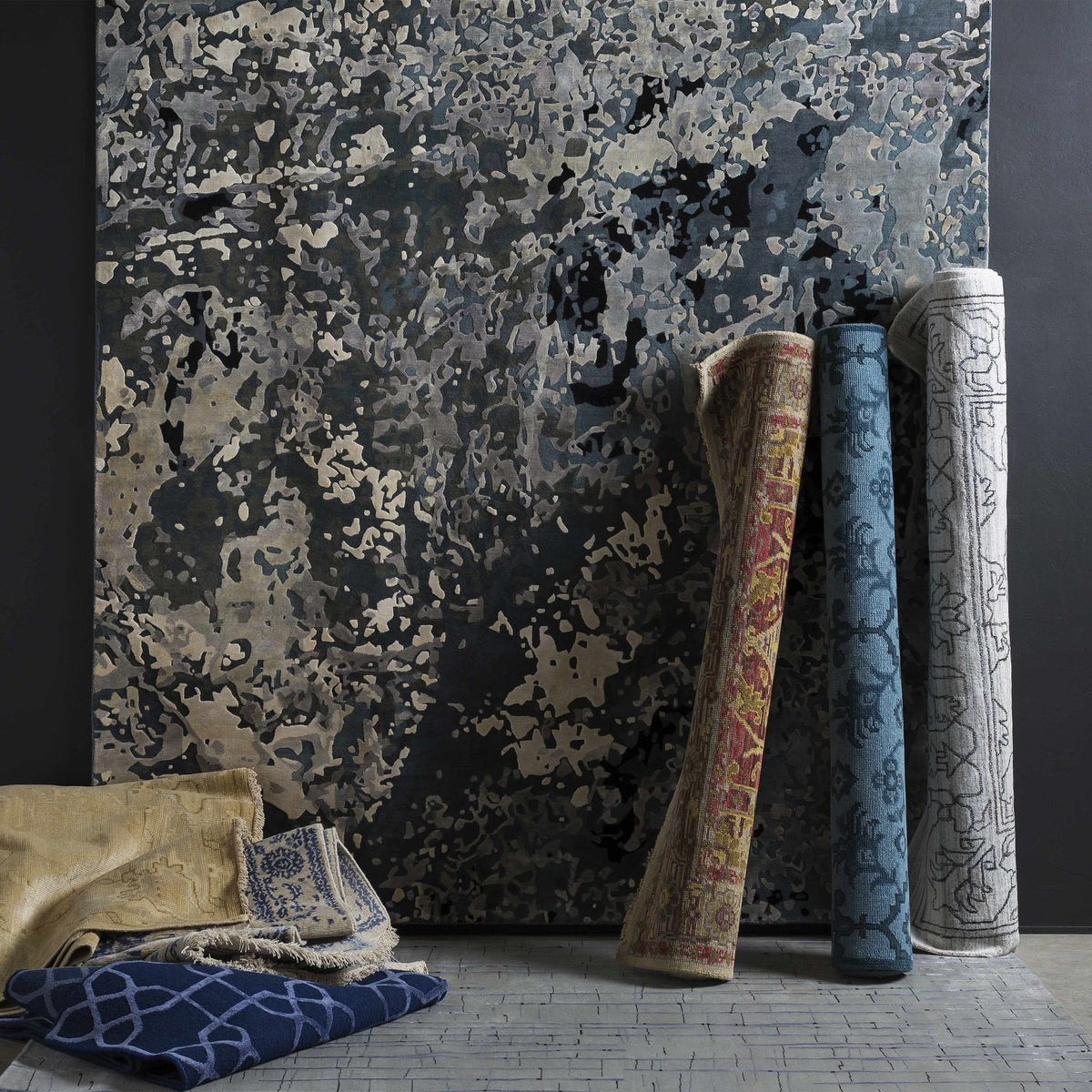 Colebrook Carpet rug by Boutique Rugs in gray beige camouflage pattern on display on Tampa Home & Garden Store
