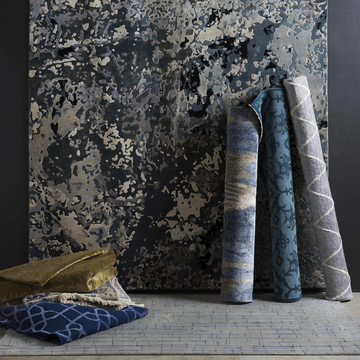 Pensacola Tan Premium Wool & Viscose Rug with abstract camo in blue-gray and tan on Tampa Home & Garden Store