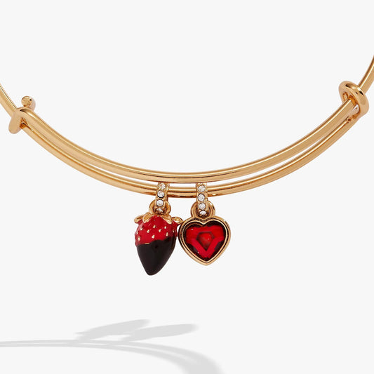 Gold-tone Chocolate-Covered Strawberry Charm Bangle bracelet with strawberry and heart charms on Tampa Home & Garden Store