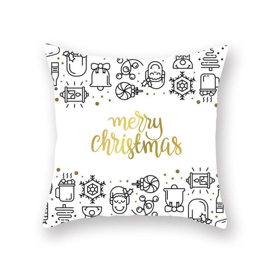 Christmas Snowflake Santa Throw Pillowcase white with gold Merry Christmas and black line art Stevvex on Tampa Home & Garden Store