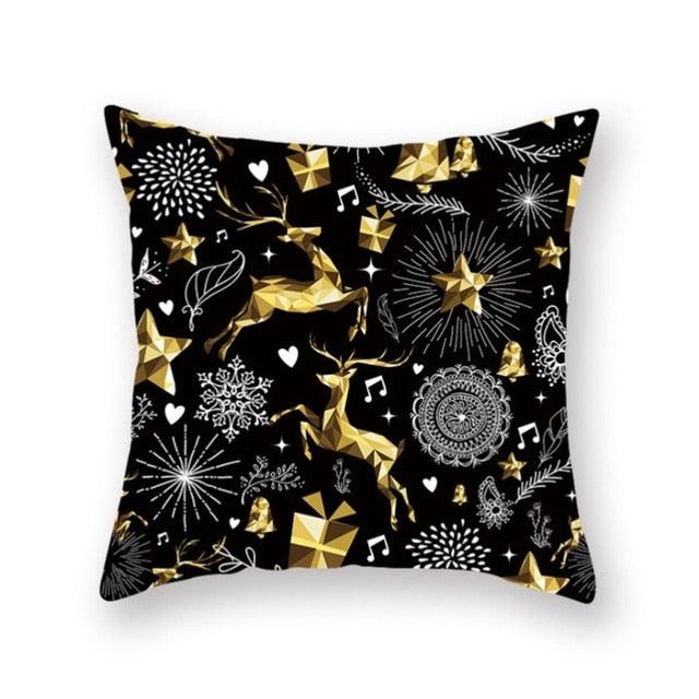 Stevvex Christmas Snowflake Santa Throw Pillowcase black background with gold geometric reindeer motif on Tampa Home & Garden Store