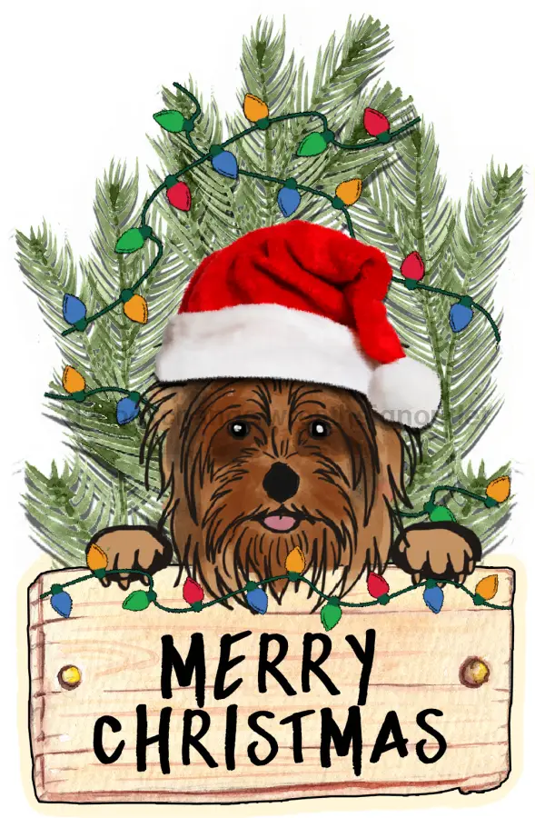 Christmas dog door hanger sign with a brown dog in a Santa hat and birch by DecoExchange on Tampa Home & Garden Store