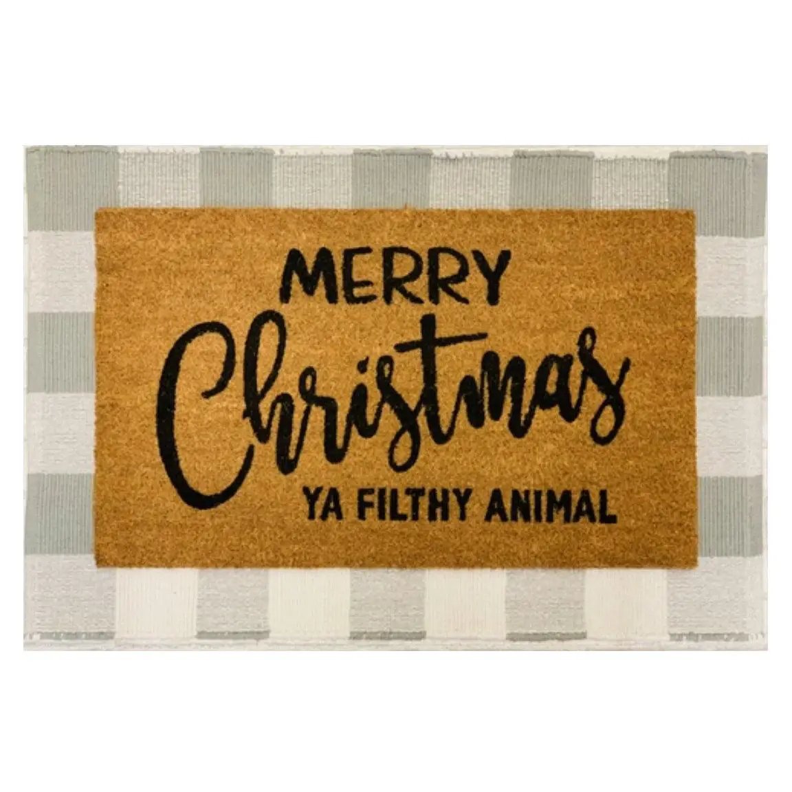 Doormat Merry Christmas Ya Filthy Animal Gia Roma, tan with bold black script on Tampa Home & Garden Store