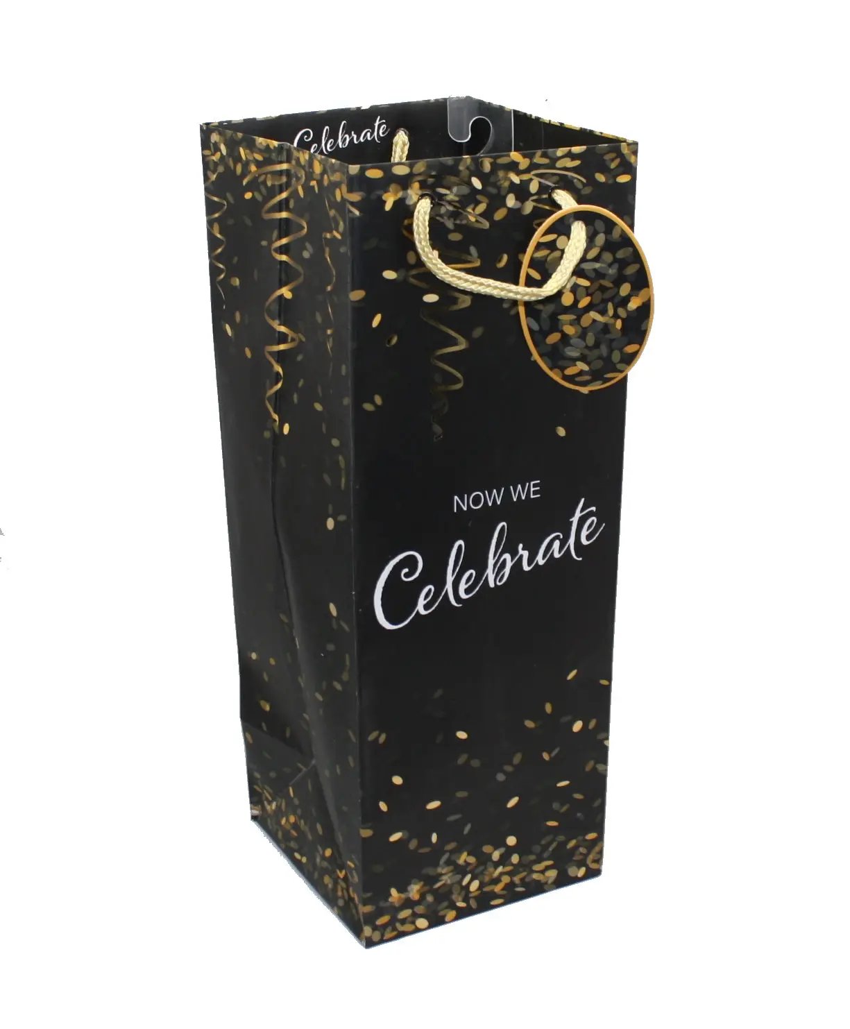 Wine Bottle Gift Bag black with gold confetti, rope handles, coordinating gift tag on Tampa Home & Garden Store