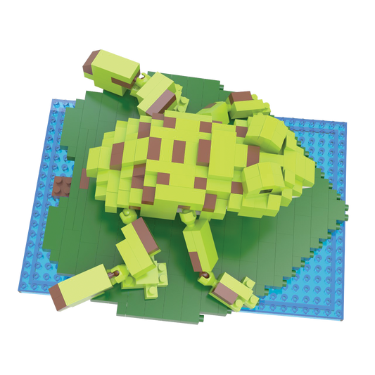 Mini Building Blocks American Bullfrog model in lime-green with brown accents on blue base on Tampa Home & Garden Store