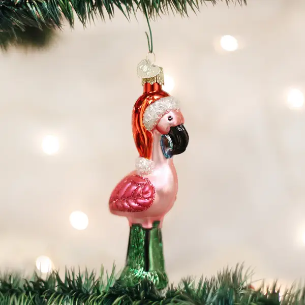 Yard flamingo glass ornament pink body red Santa hat and green legs on Tampa Home & Garden Store