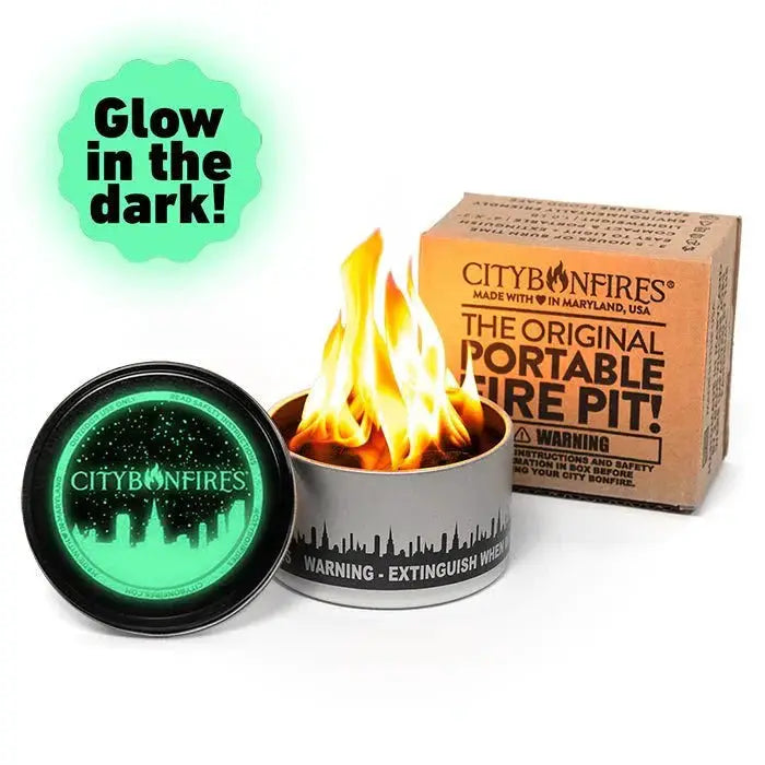 City Bonfires Portable Fire Pit 10 Pack: metal tin with skyline wrap, lid glow logo, boxed set on Tampa Home & Garden Store