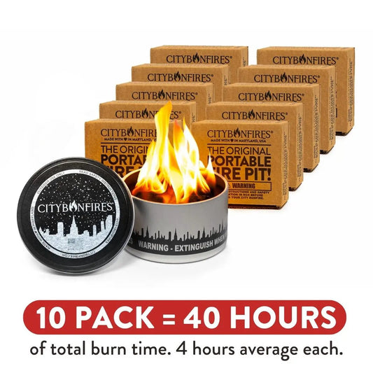 City Bonfires portable fire pit 10-pack set; kraft packaging and metal tin lid on Tampa Home & Garden Store