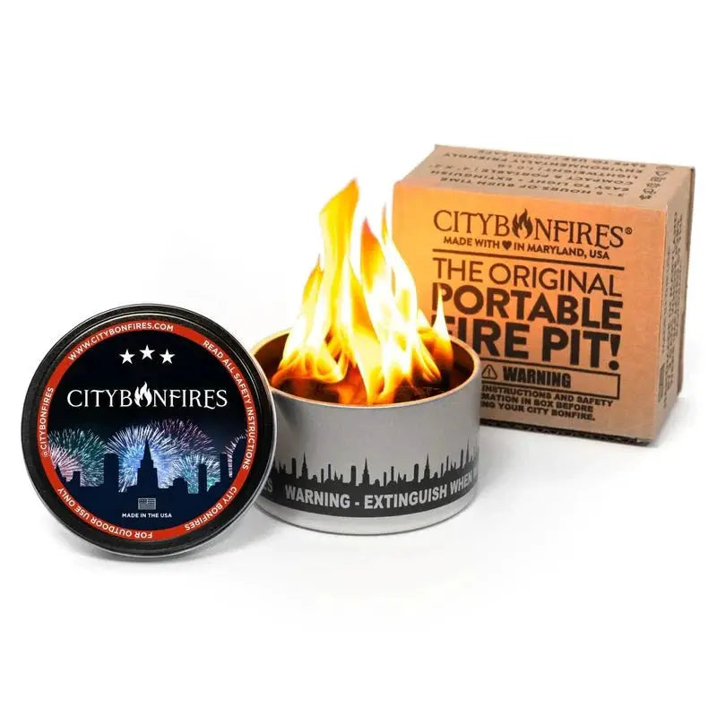 City Bonfires portable fire pit 5-pack three-piece set with gray metal pot and skyline lid on Tampa Home & Garden Store