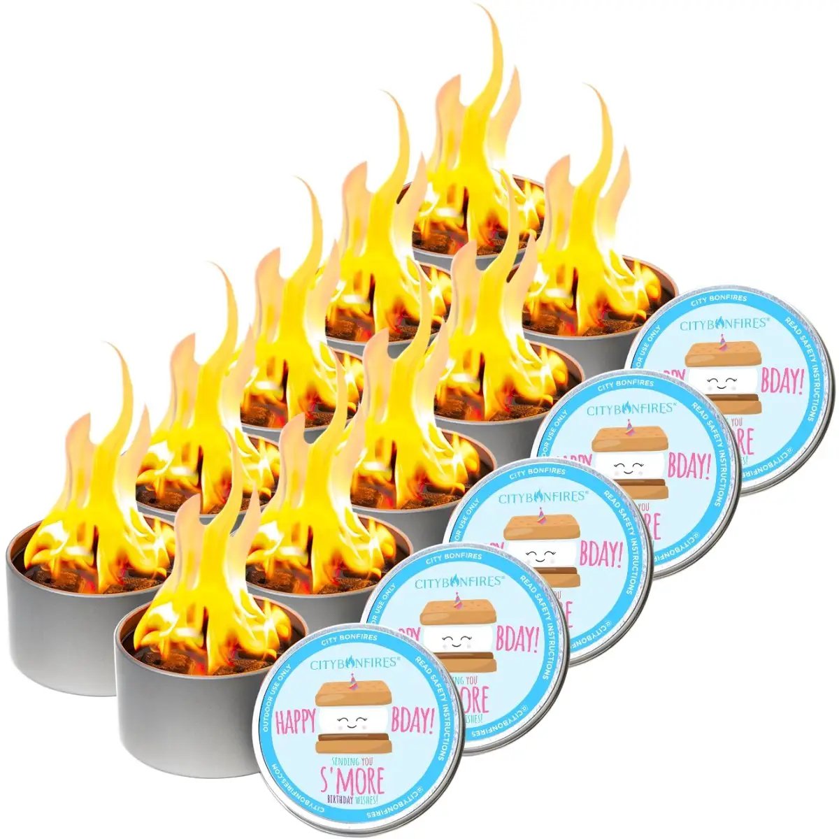 City Bonfires Birthday Edition outdoor candles in eight metal tins with blue labels and bright flames on Tampa Home & Garden Store