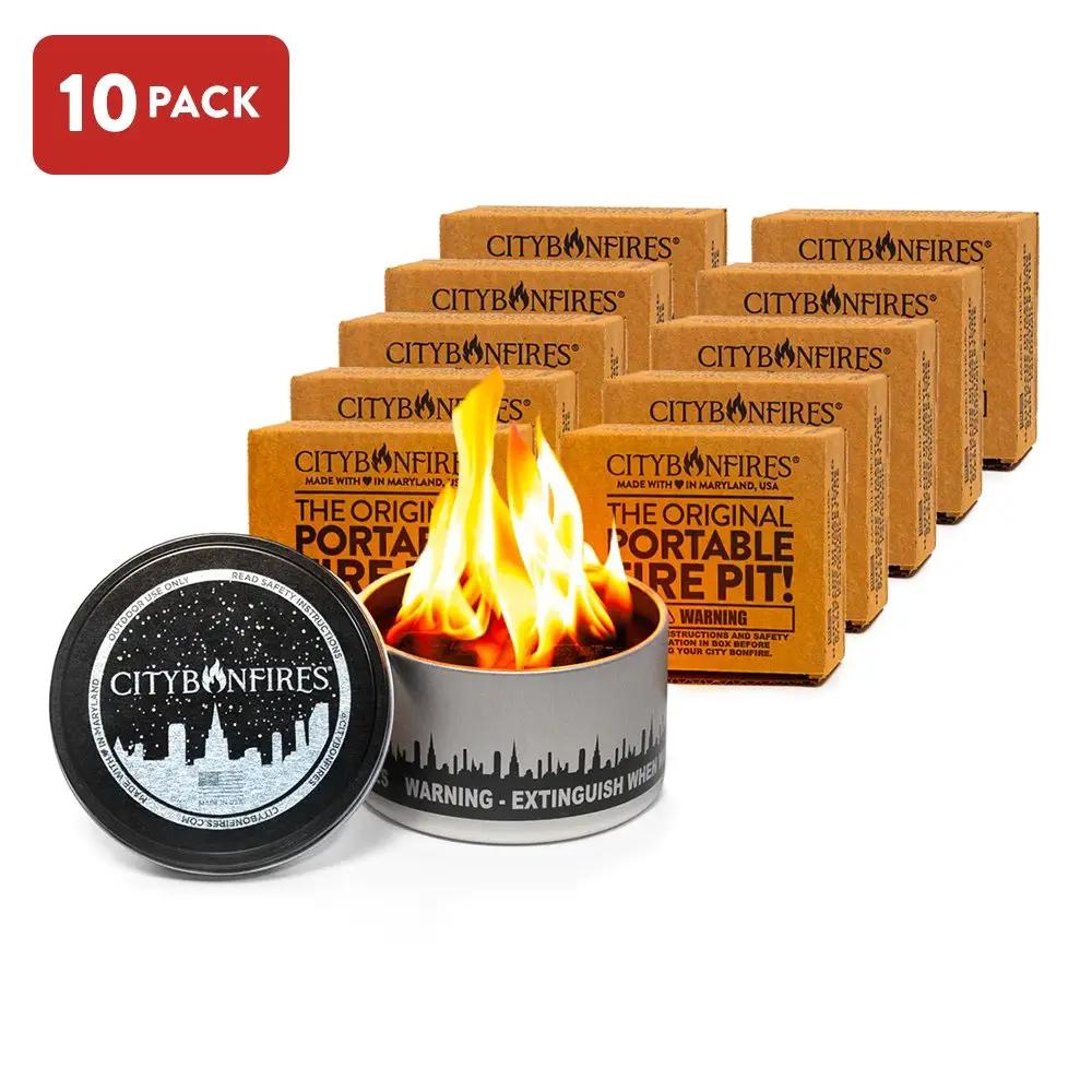 City Bonfires portable fire pit with soy wax 10-pack fire pits with black tin lid flames on Tampa Home & Garden Store