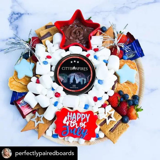 City Bonfires USA Limited Edition Fire Pit on snack board with marshmallows and red star dish on Tampa Home & Garden Store