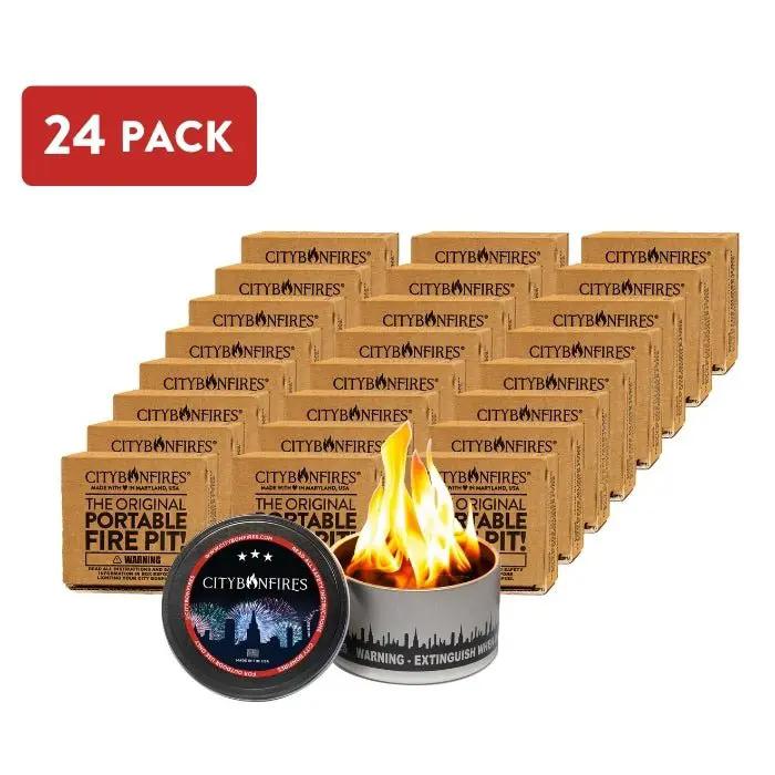 City Bonfires portable fire pit 24-pack set in kraft boxes with round lid and skyline logo on Tampa Home & Garden Store