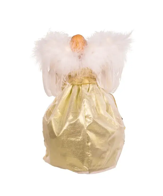 Angel LED tree topper 12-inch white and gold with fluffy white wings and metallic dress on Tampa Home & Garden Store