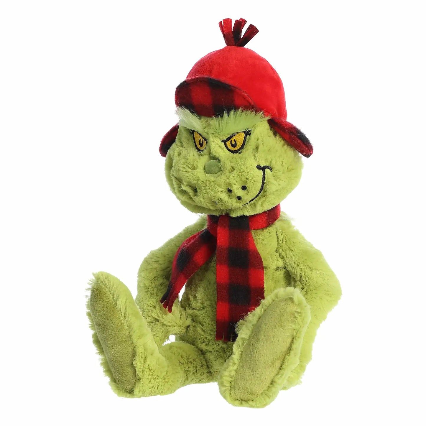 Wilderness Grinch Plush with green fur coat, red hat and red plaid scarf on Tampa Home & Garden Store