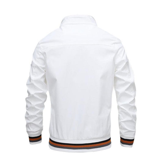 White windbreaker jacket back view with ribbed striped cuffs and hem in black orange on Tampa Home & Garden Store