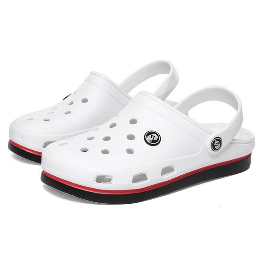 Stevvex white clogs pair with ventilation holes and ankle strap, anti-slip black sole on Tampa Home & Garden Store