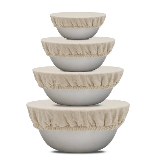Cloth bowl covers set of four in beige fabric over ceramic bowls by Organic Cotton Mart on Tampa Home & Garden Store