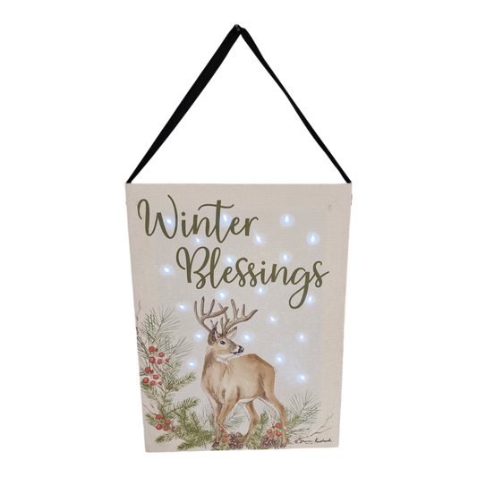 Fiber Optic Lighted Canvas Art Winter Deer with pine greenery and soft white lights on Tampa Home & Garden Store