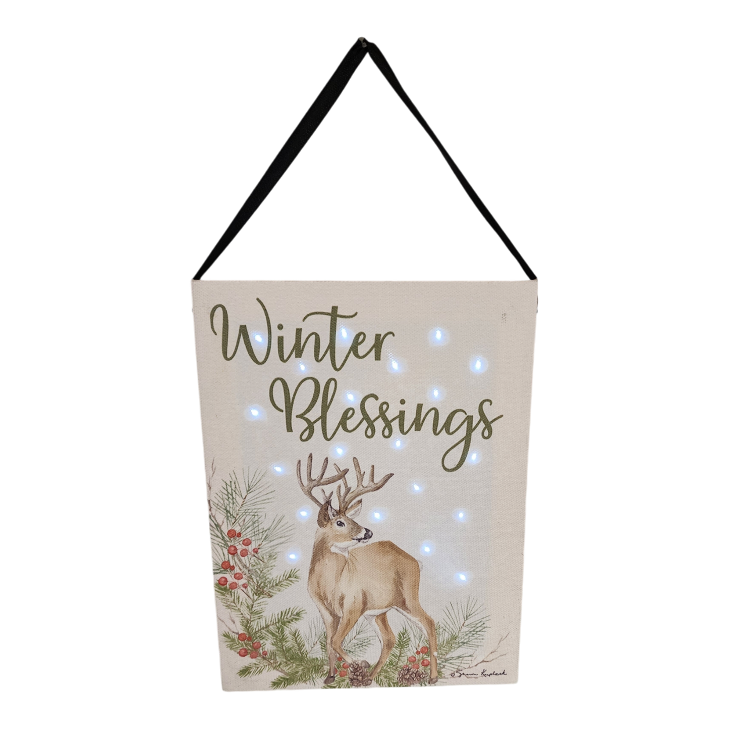 Fiber Optic Lighted Canvas Art Winter Deer with pine greenery and soft white lights on Tampa Home & Garden Store