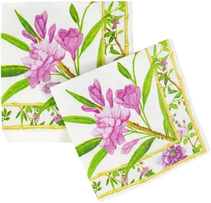 Wellington Ivory Floral Cocktail Napkins, pink blossoms with green leaves on ivory background, pair on Tampa Home & Garden Store
