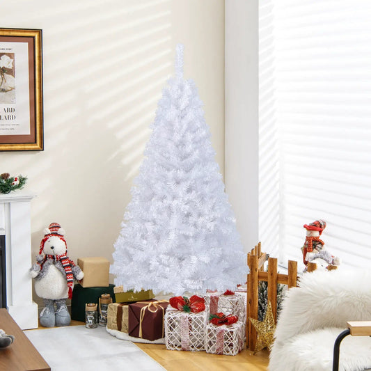 8 ft white PVC Christmas tree with stand in a festive living room with wrapped gifts on Tampa Home & Garden Store