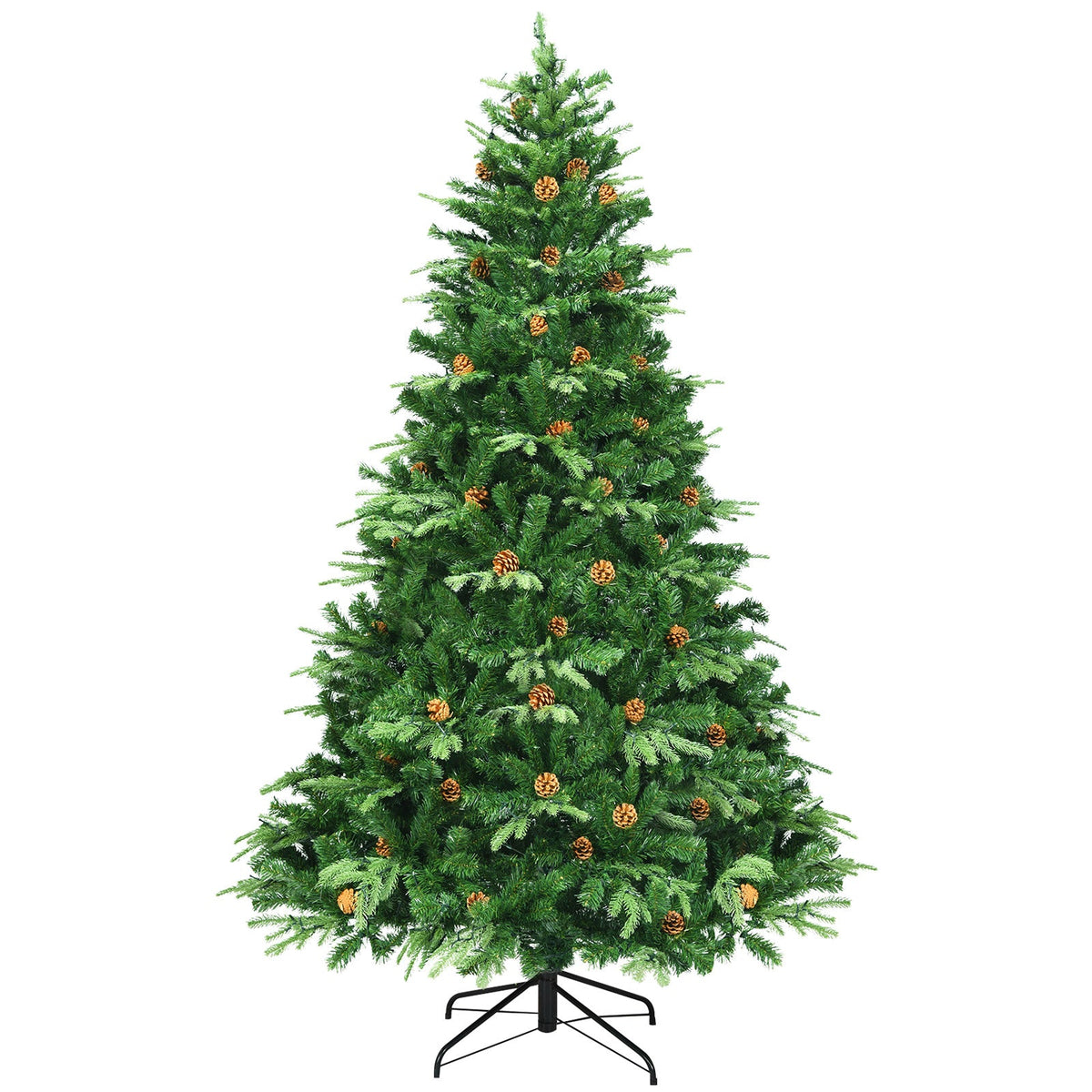 7.5 ft DirectDeals artificial Christmas tree with LED lights and pine cones on a metal stand on Tampa Home & Garden Store