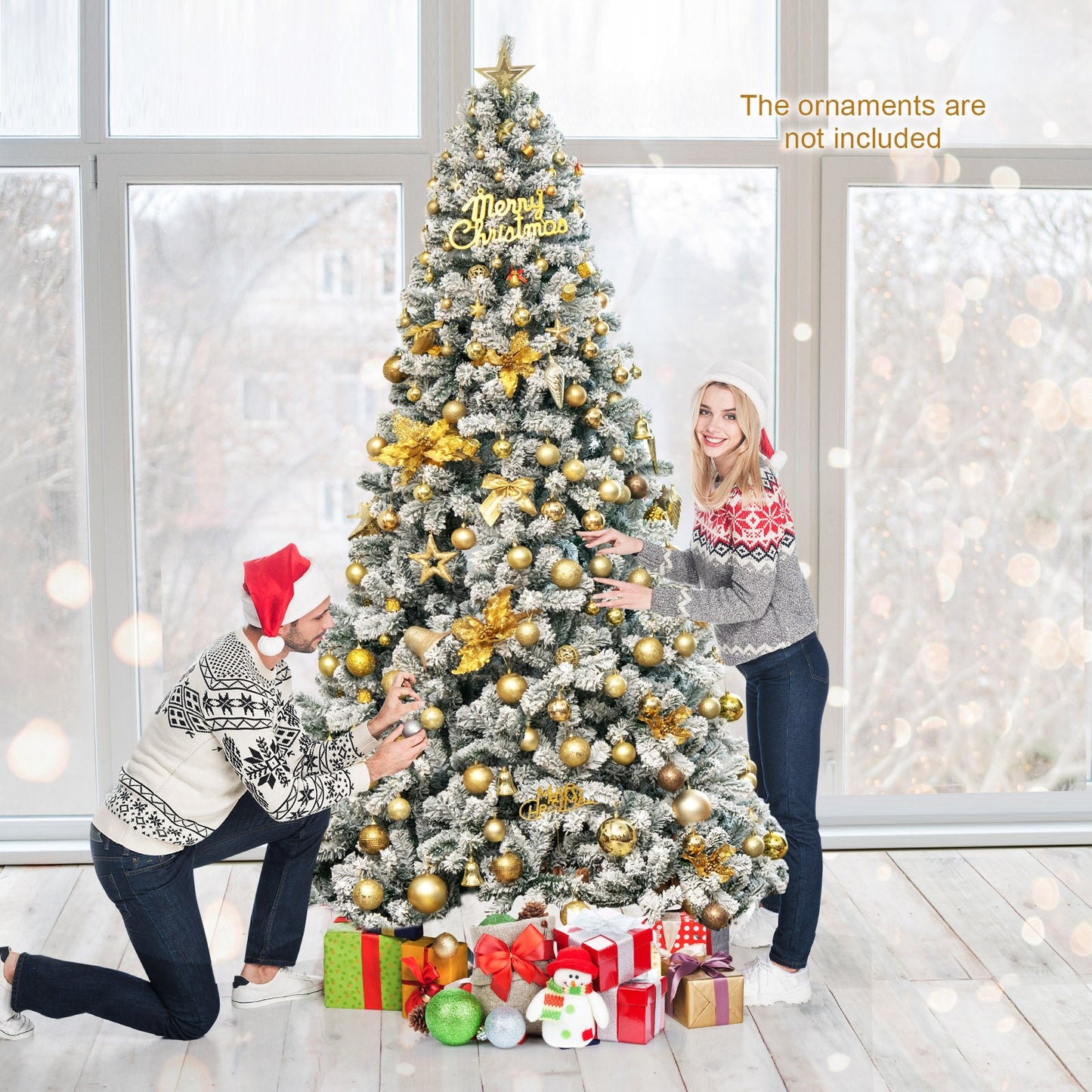 Árbol de Navidad artificial de 9 pies con bisagras y nieve artificial de primera calidad