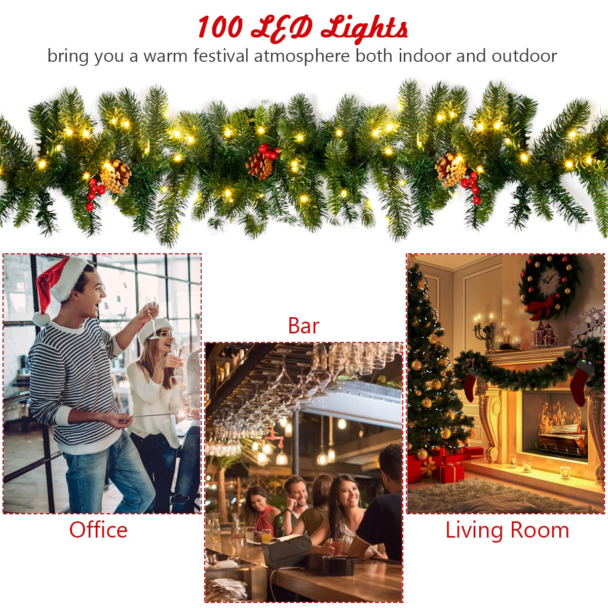 9 Feet Pre-lit Christmas Garland Red Berries with LED, DirectDeals, shown in bar, living room on Tampa Home & Garden Store