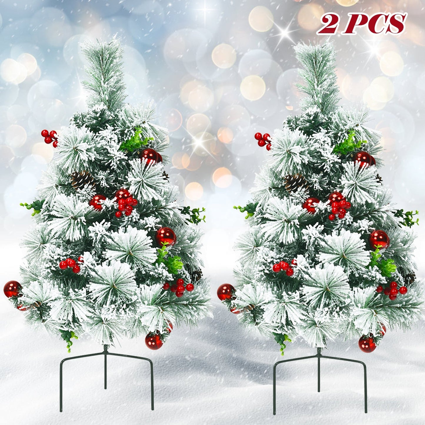 Juego de 2 árboles de Navidad de 2 pies con flocado, preiluminados, a pilas, para caminos