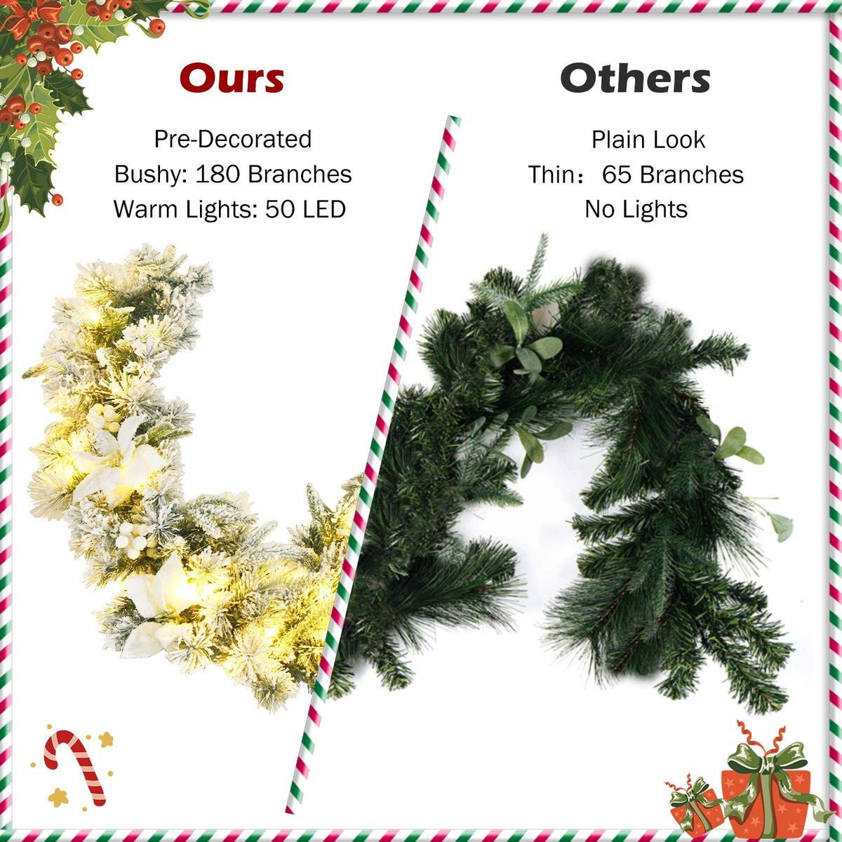 9 ft pre-lit artificial Christmas garland with 50 LED lights in gold frost and green styles on Tampa Home & Garden Store