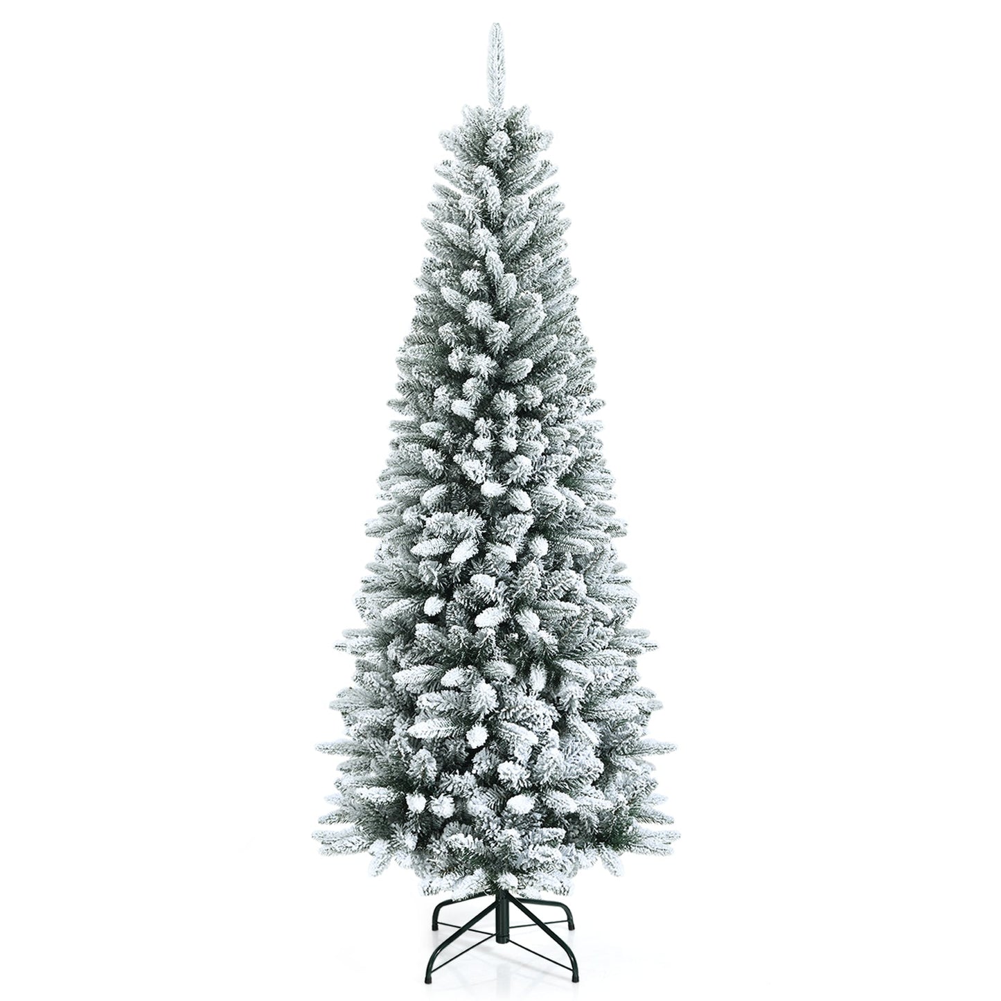 Snow-Flocked Hinged Artificial Christmas Pencil Tree with Mixed Tips-7.5 ft