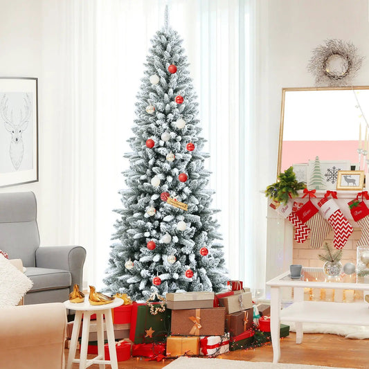 Snow-flocked artificial pencil Christmas tree, 7.5 ft, frosted branches with red ornaments on Tampa Home & Garden Store