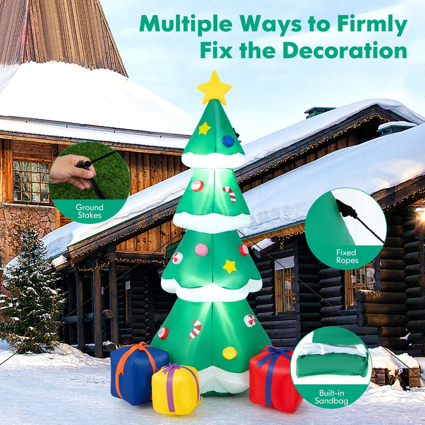 DirectDeals 6 ft inflatable Christmas tree with 3 gift boxes, star topper, green with ornaments on Tampa Home & Garden Store