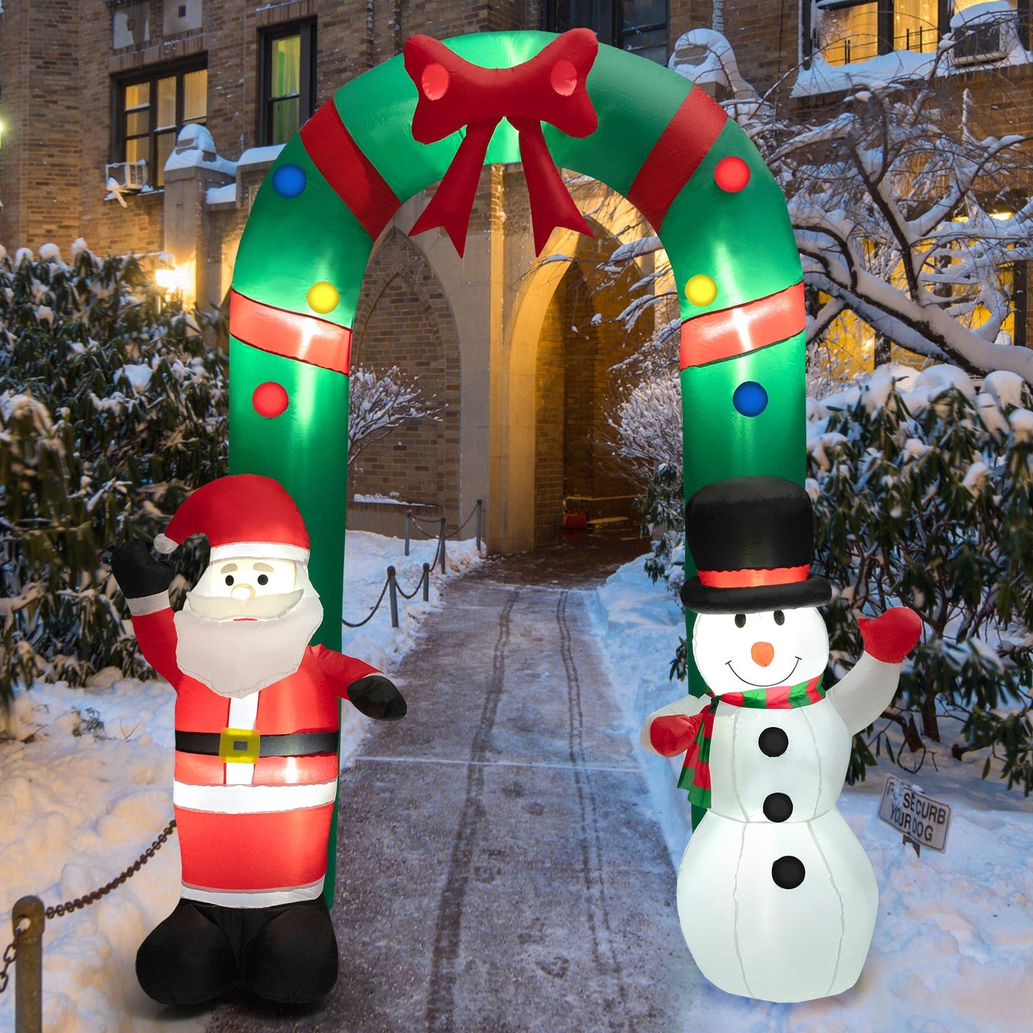 8 ft Christmas inflatable archway DirectDeals with Santa and snowman, green arch with red ribbons on Tampa Home & Garden Store