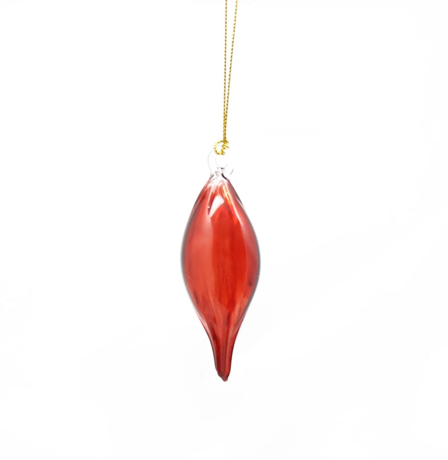 Blown glass teardrop ornament red with clear cap and high bulge top on Tampa Home & Garden Store