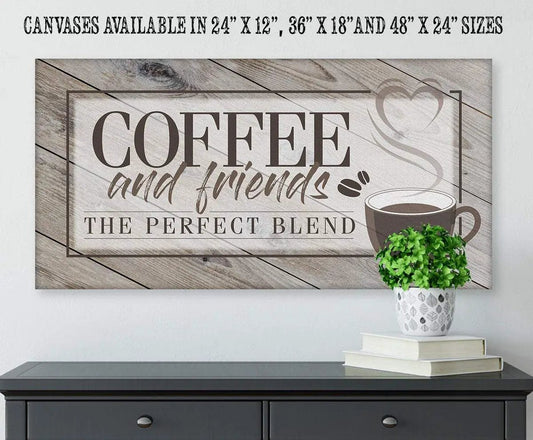 Coffee and Friends canvas wall art, large print with wood backdrop and coffee cup motif on Tampa Home & Garden Store