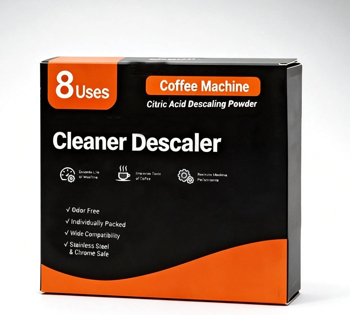 Cleaner Descaler for coffee machines in black/orange packaging; citric acid powder, 8 uses on Tampa Home & Garden Store