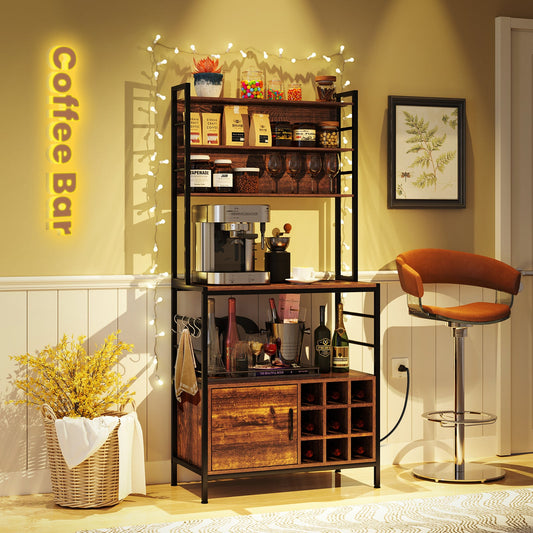 Mueble de barra de café con ganchos en forma de S y botelleros-Marrón rústico